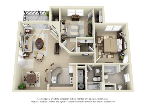 Floor plan for 2 beds, 2 baths, 1036 sqft